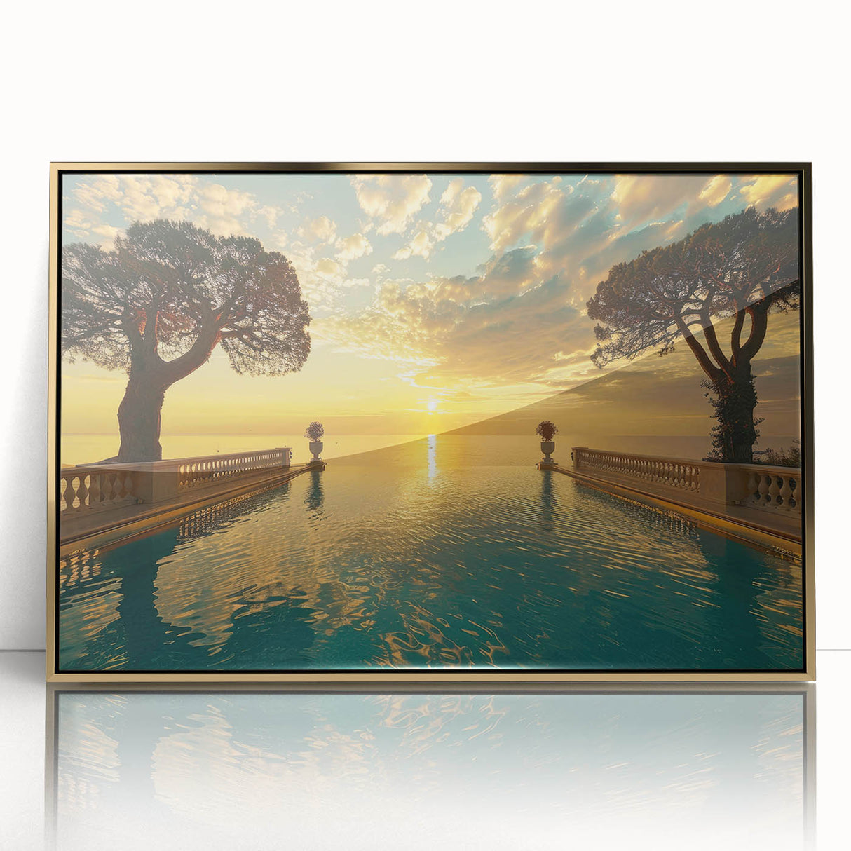 Art deco poster depicting a serene South France landscape in pastel shades on framed acrylic.