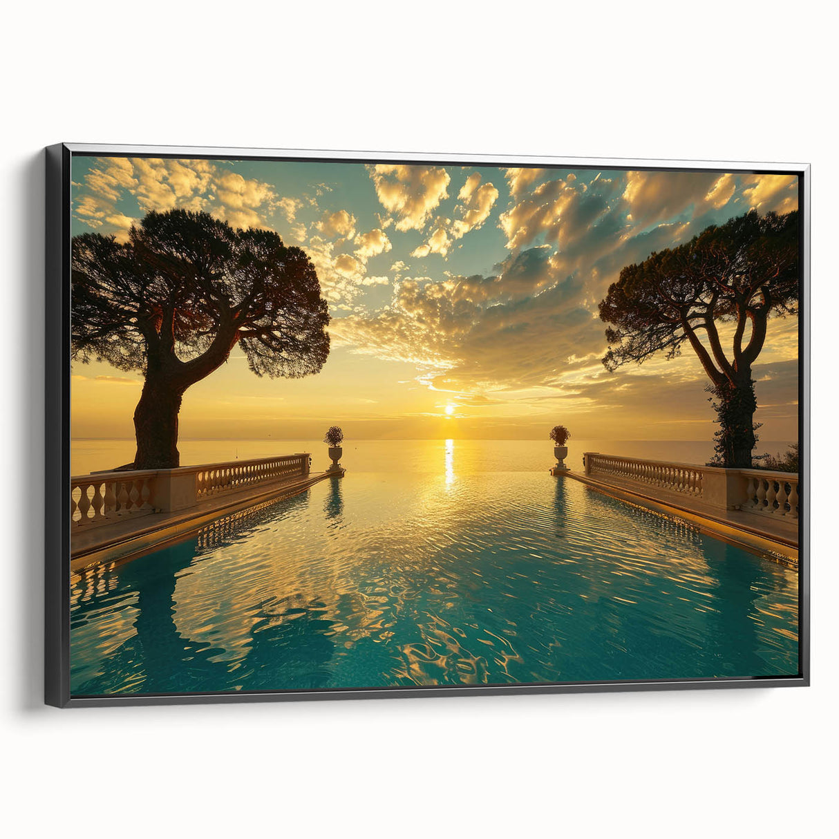 Black and white vintage poster art of a French landscape on framed canvas, ideal for bedroom wall decor.