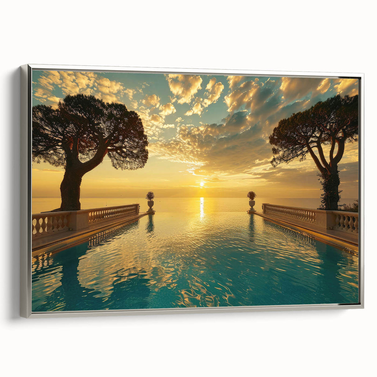 Landscape art painting of a vintage French village scene in colorful hues on a black framed canvas.