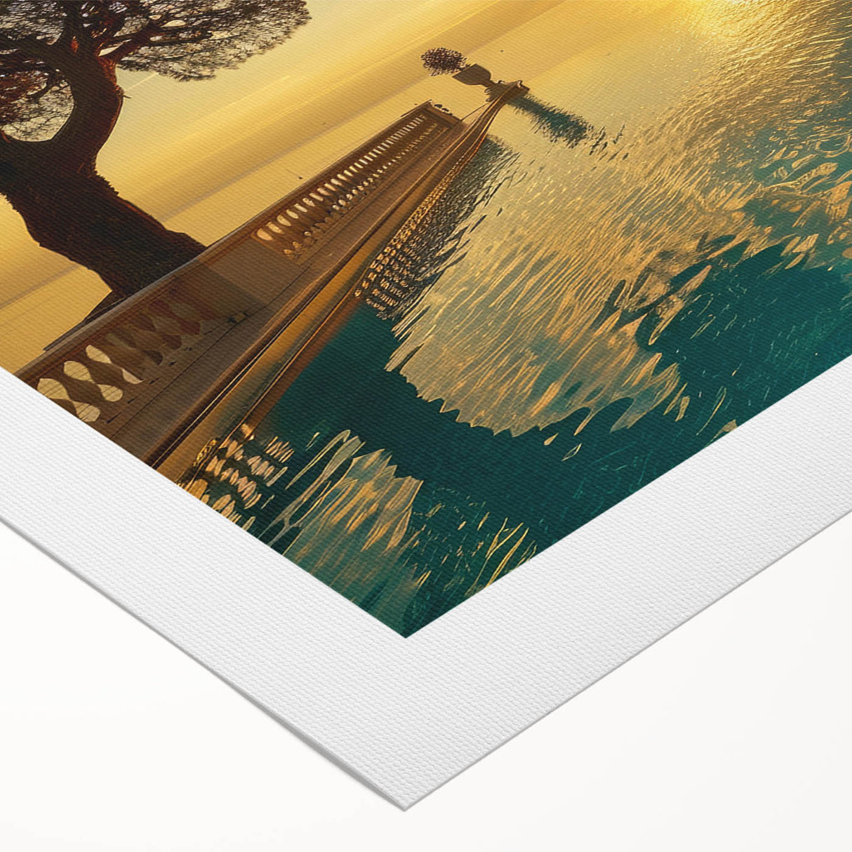 Art deco poster of a serene French southern landscape in muted earth tones on rolled canvas, suitable for dining room decor.