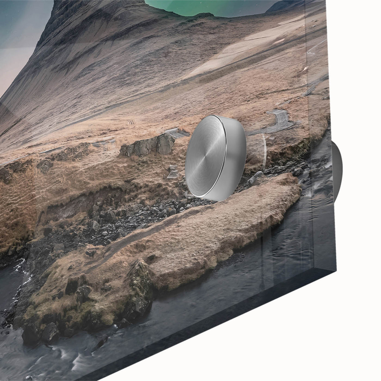 Large abstract wall art featuring a European Icelandic landscape in muted gray and blue tones on acrylic glass.