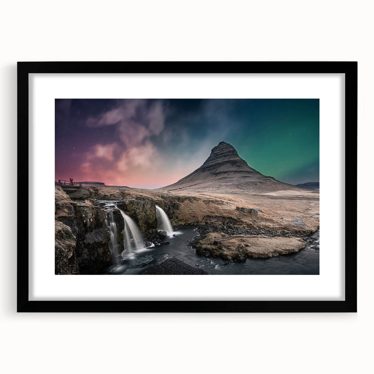 Extra large abstract art print featuring a textured, colorful Icelandic landscape on a framed black mat.