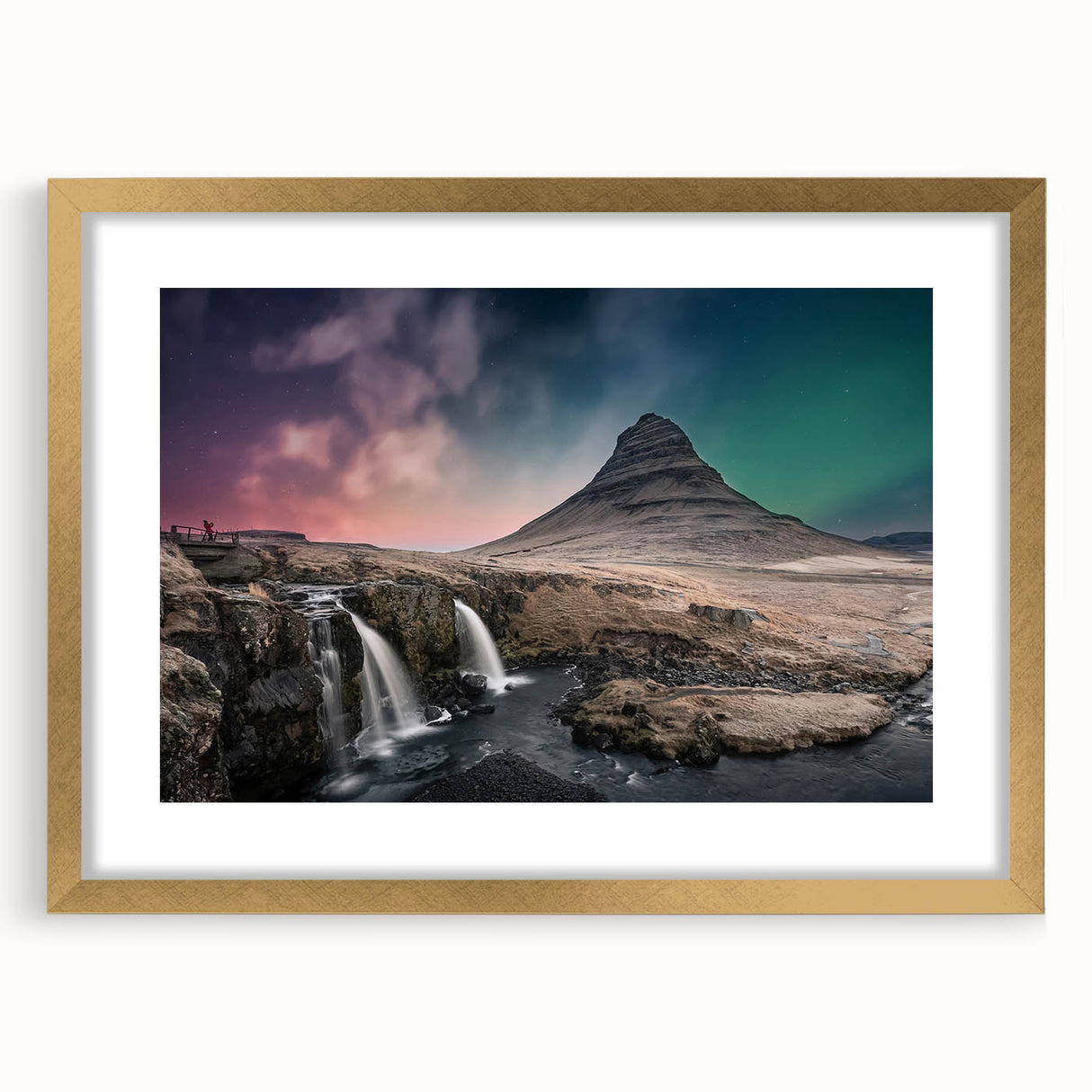 Abstract art print of a European landscape in muted green and blue tones, framed in gold, ideal for dining room decor.