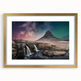 Abstract art print of a European landscape in muted green and blue tones, framed in gold, ideal for dining room decor.