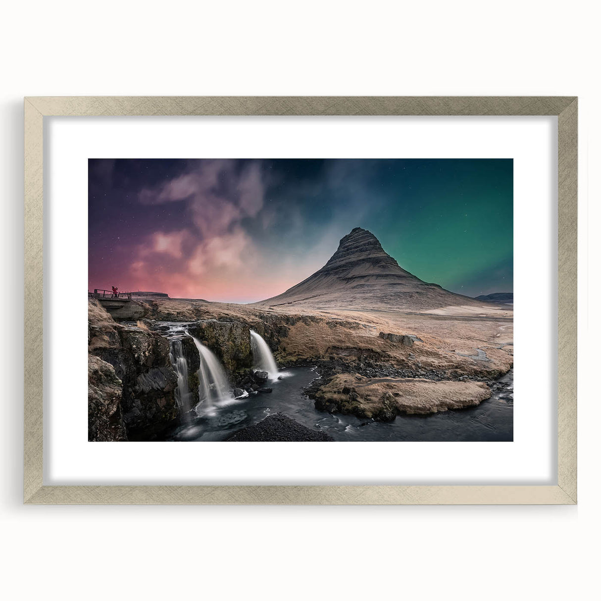 Extra large abstract art print of a textured Icelandic landscape in muted earth tones, framed in silver.