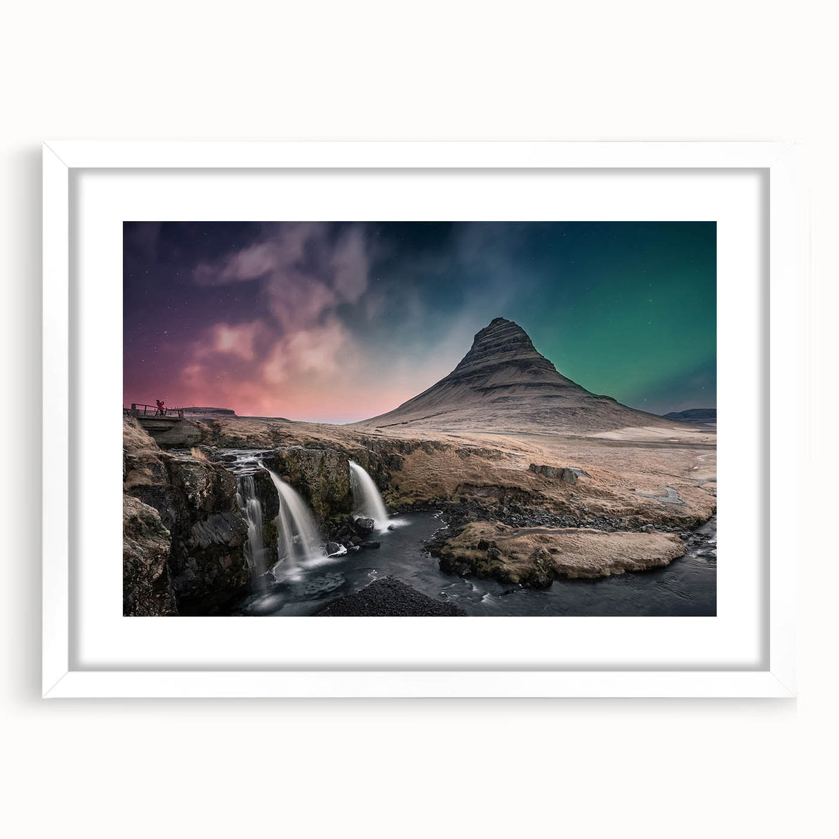 Textured art print of an abstract Icelandic landscape in muted gray and blue tones on a framed white mat.