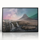 Large abstract wall art featuring a scenic Icelandic landscape in muted gray and blue tones, framed in black acrylic.