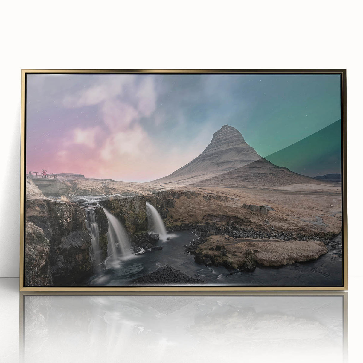 Art deco poster of a European landscape in muted gold tones, framed acrylic, ideal for modern art wall decor.