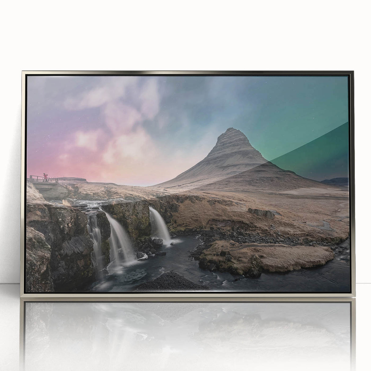 Framed acrylic print of a serene Icelandic landscape in muted green and blue tones, ideal for modern art wall decor.