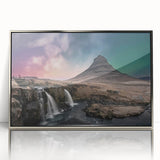 Framed acrylic print of a serene Icelandic landscape in muted green and blue tones, ideal for modern art wall decor.