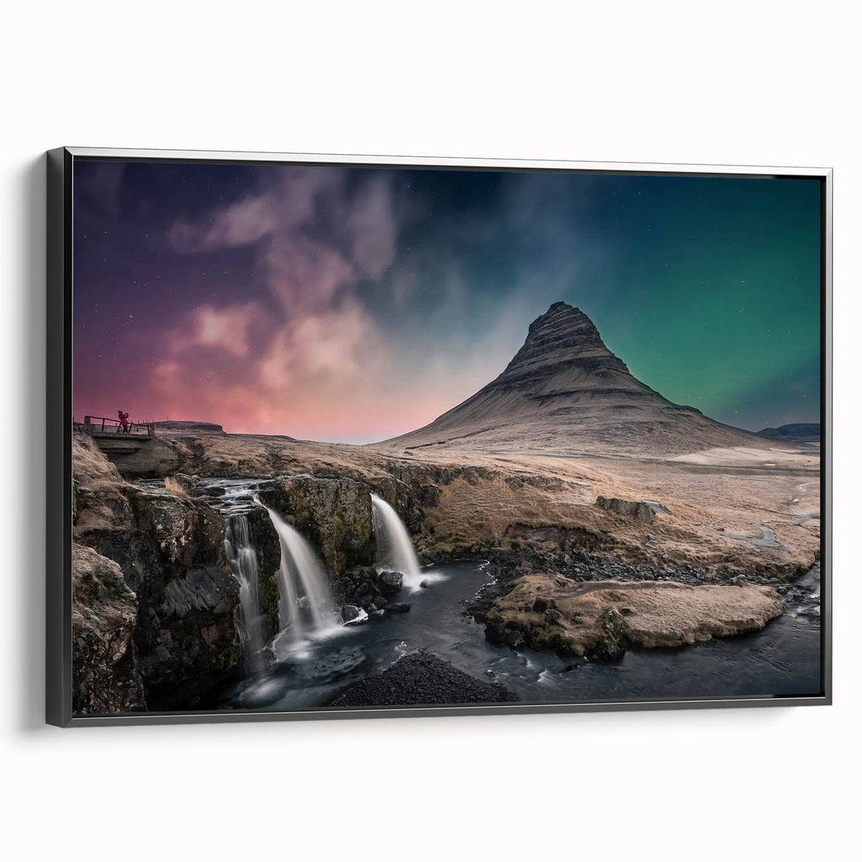 Black and white landscape art painting of a serene Icelandic scene on framed canvas, ideal for bedroom wall decor.