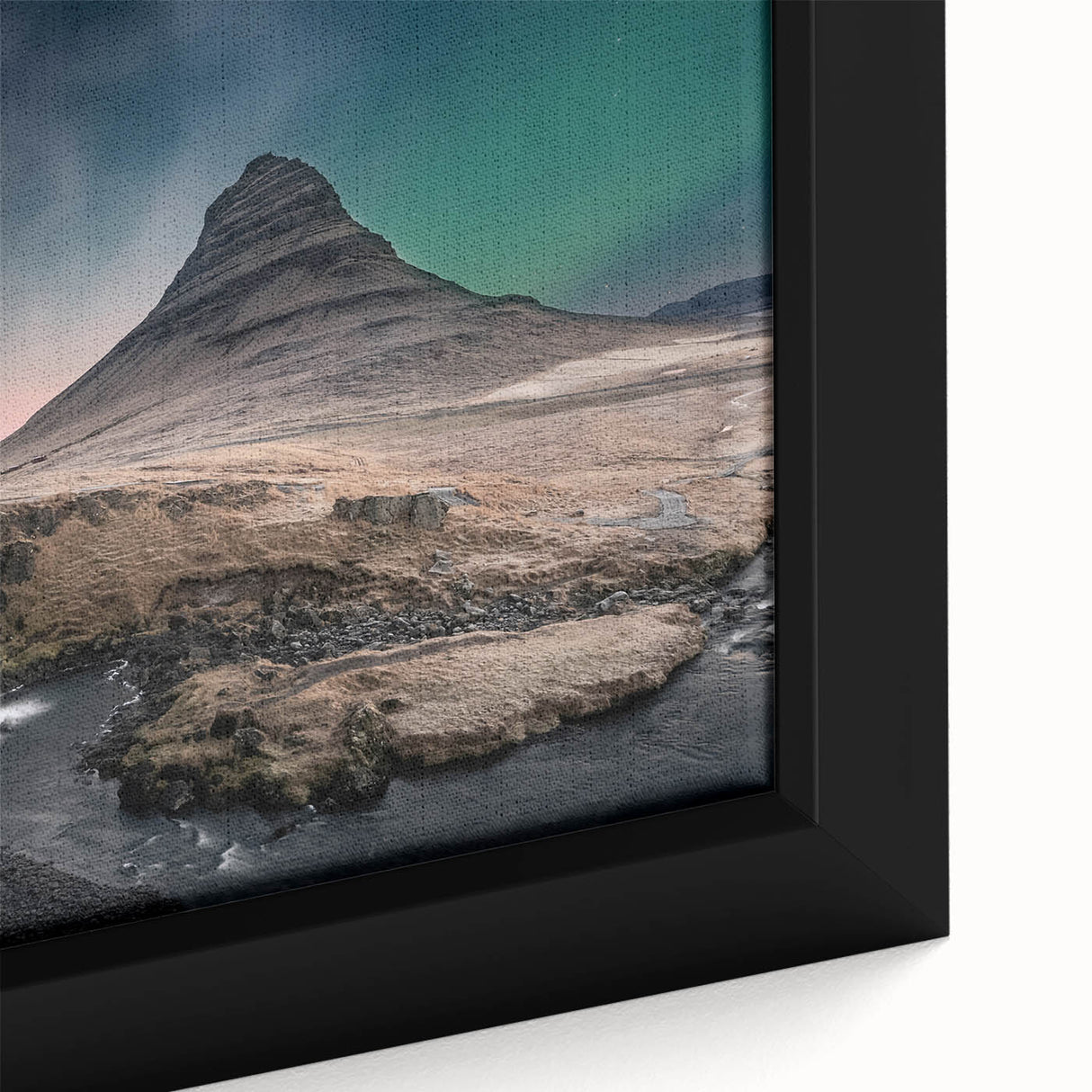 Extra large framed canvas featuring a textured black wall art scene of an Icelandic landscape with colorful accents.