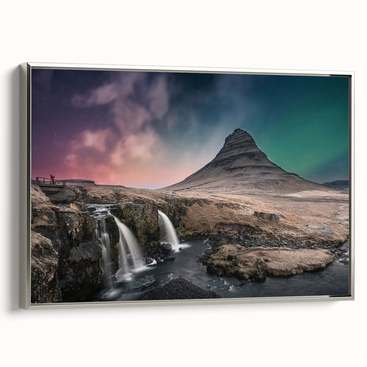 Framed canvas depicting a vintage-style Icelandic landscape with silver frame, featuring muted earth tones.