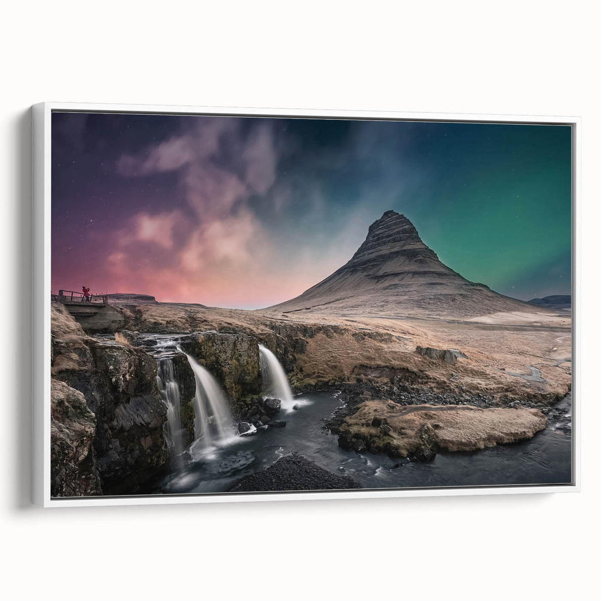 Vintage poster art of an Icelandic landscape on framed canvas, featuring vibrant colors, ideal for living room decor.
