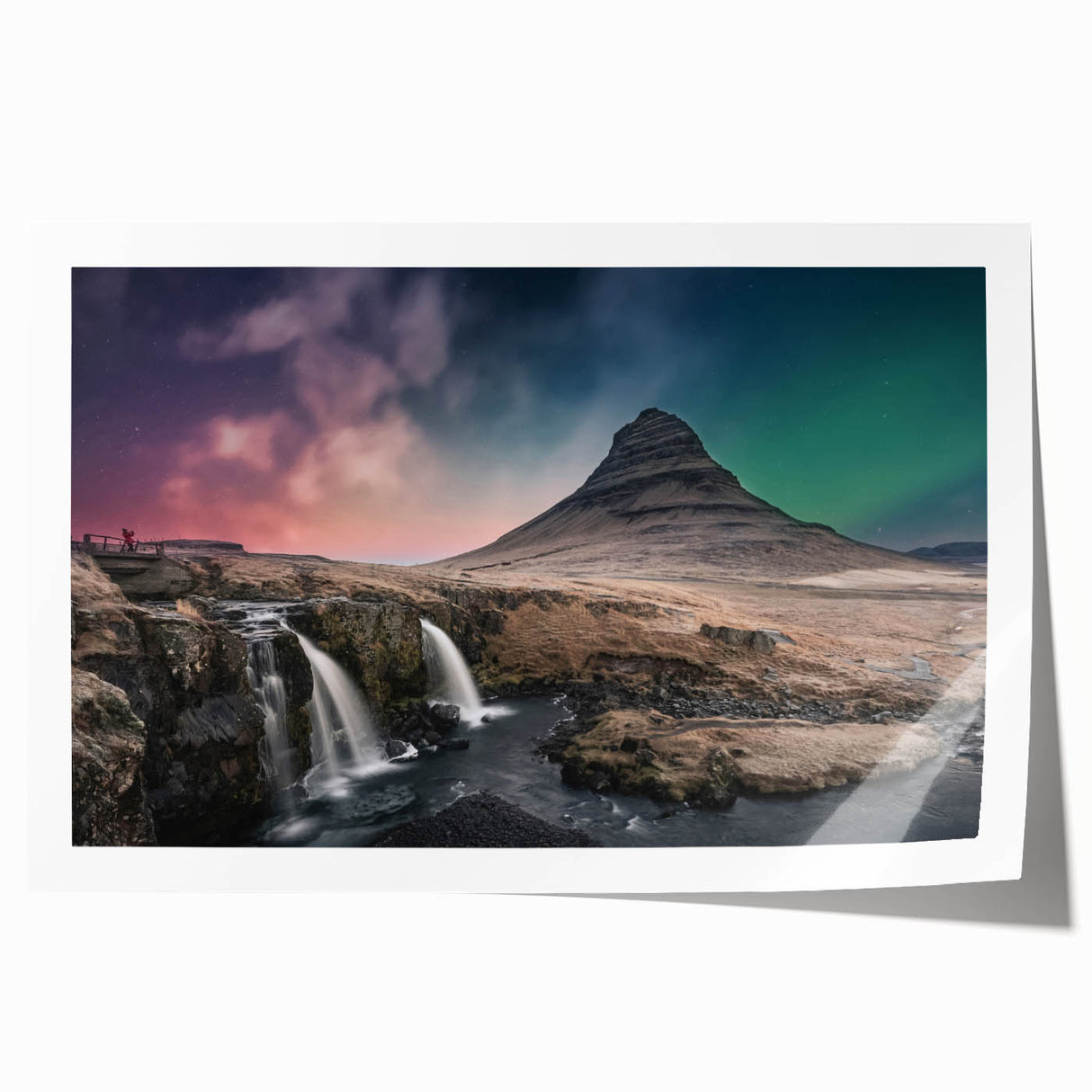 Rolled print of a serene Icelandic landscape with muted greens and blues, ideal for dining room wall art.