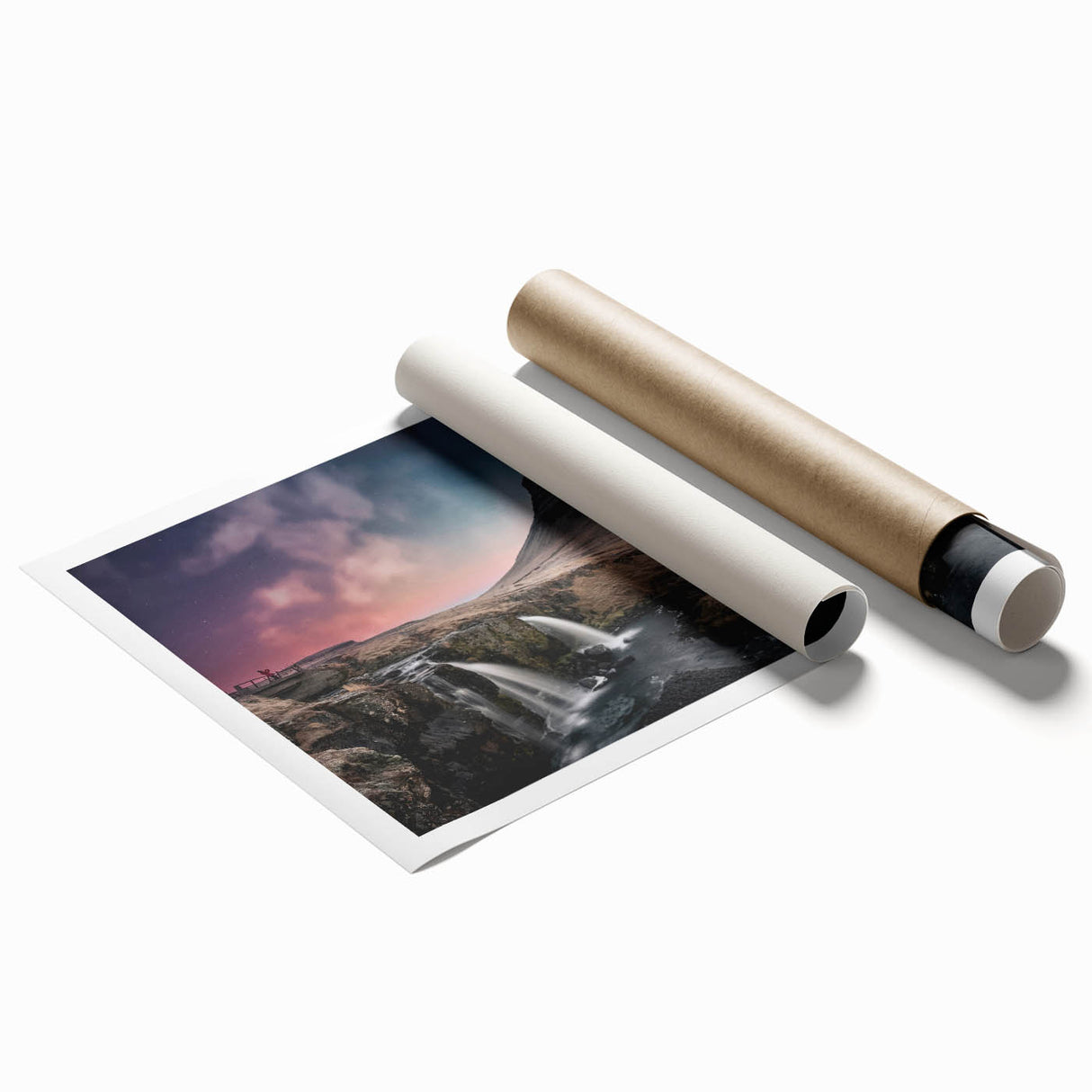 Extra large rolled print of a serene Icelandic landscape with muted greens and blues, ideal for classy bathroom wall art.