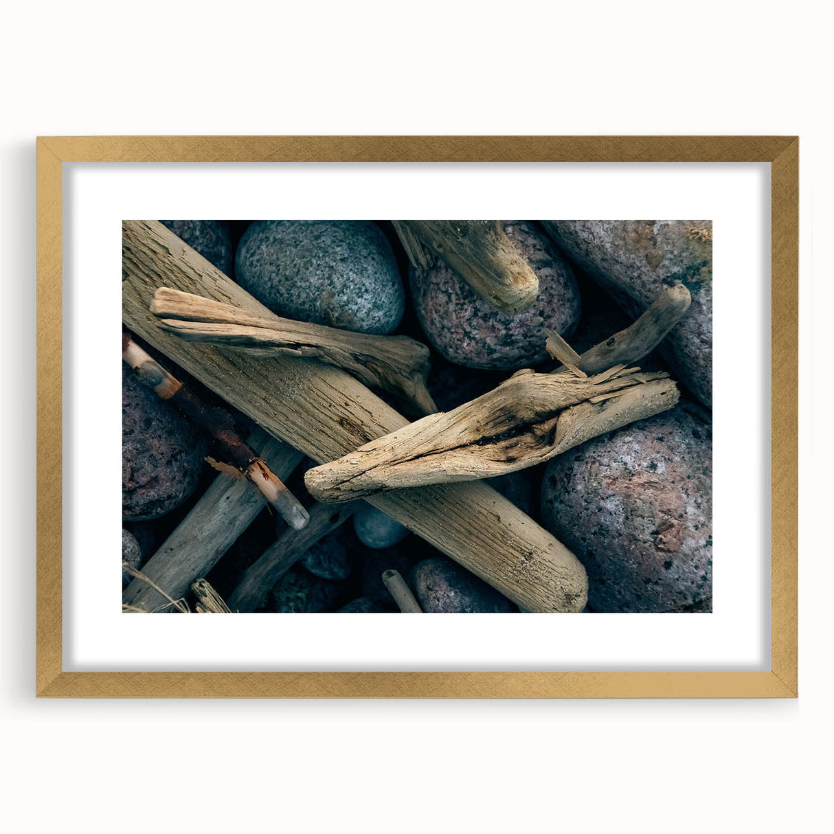 Abstract art print of a European scenery in Lithuania, using muted earth tones on a framed gold mat.