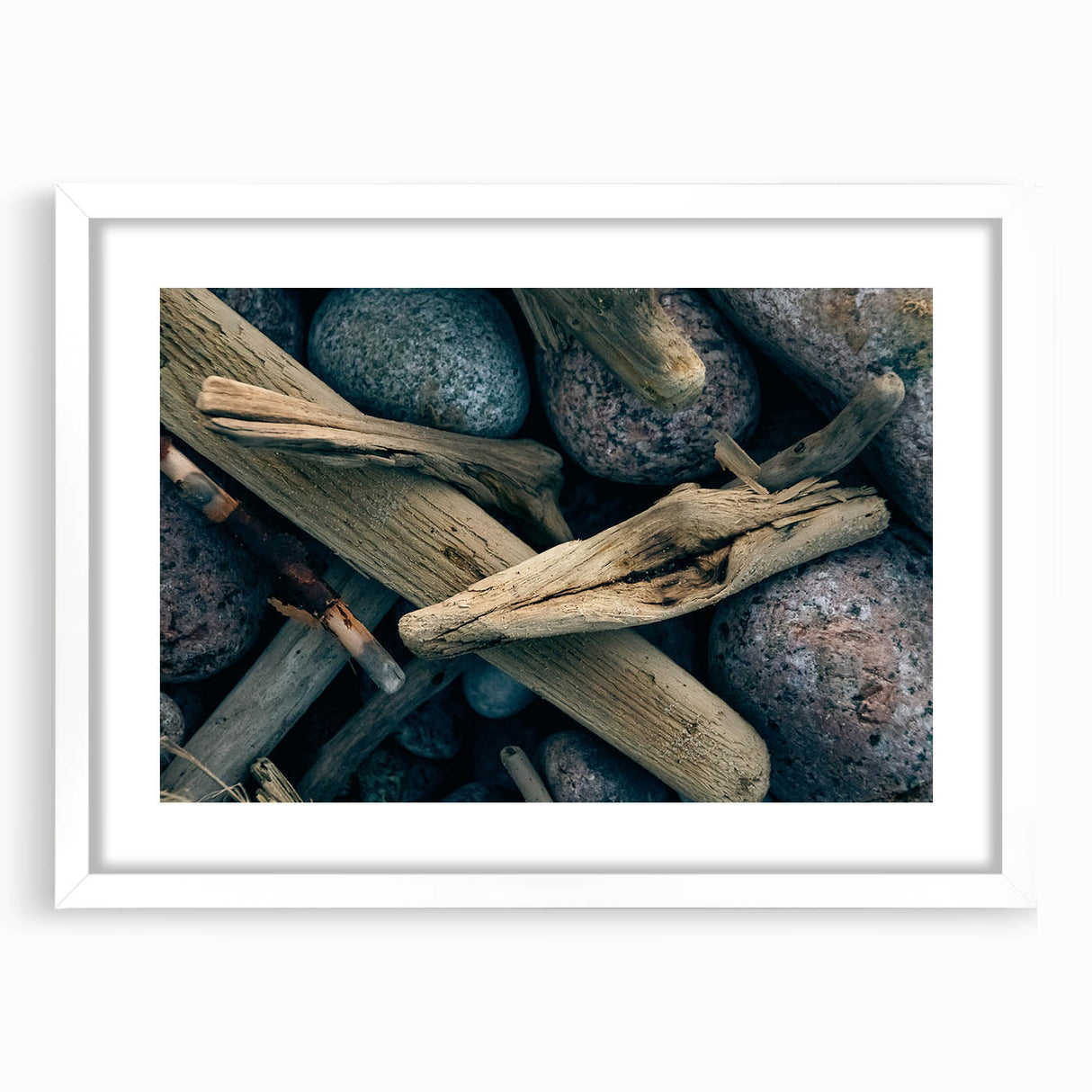 Textured abstract art print depicting a serene Lithuanian landscape in muted earth tones, framed with a white mat.