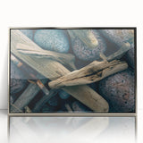 Large art print of a Lithuanian landscape in muted green and blue tones, framed in silver acrylic.