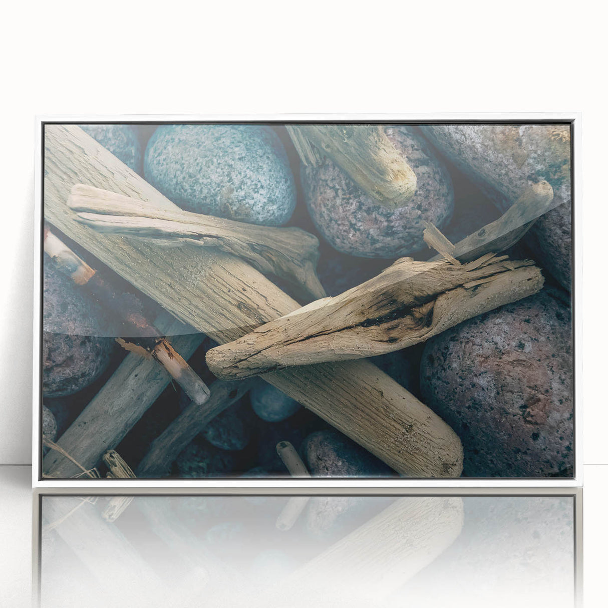 Mid-century modernist art depicting a serene Lithuanian landscape in soft pastel shades, framed acrylic.