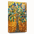 Acrylic print of a large abstract depiction of Barcelona with vibrant hues of orange and blue, ideal for dining room decor.