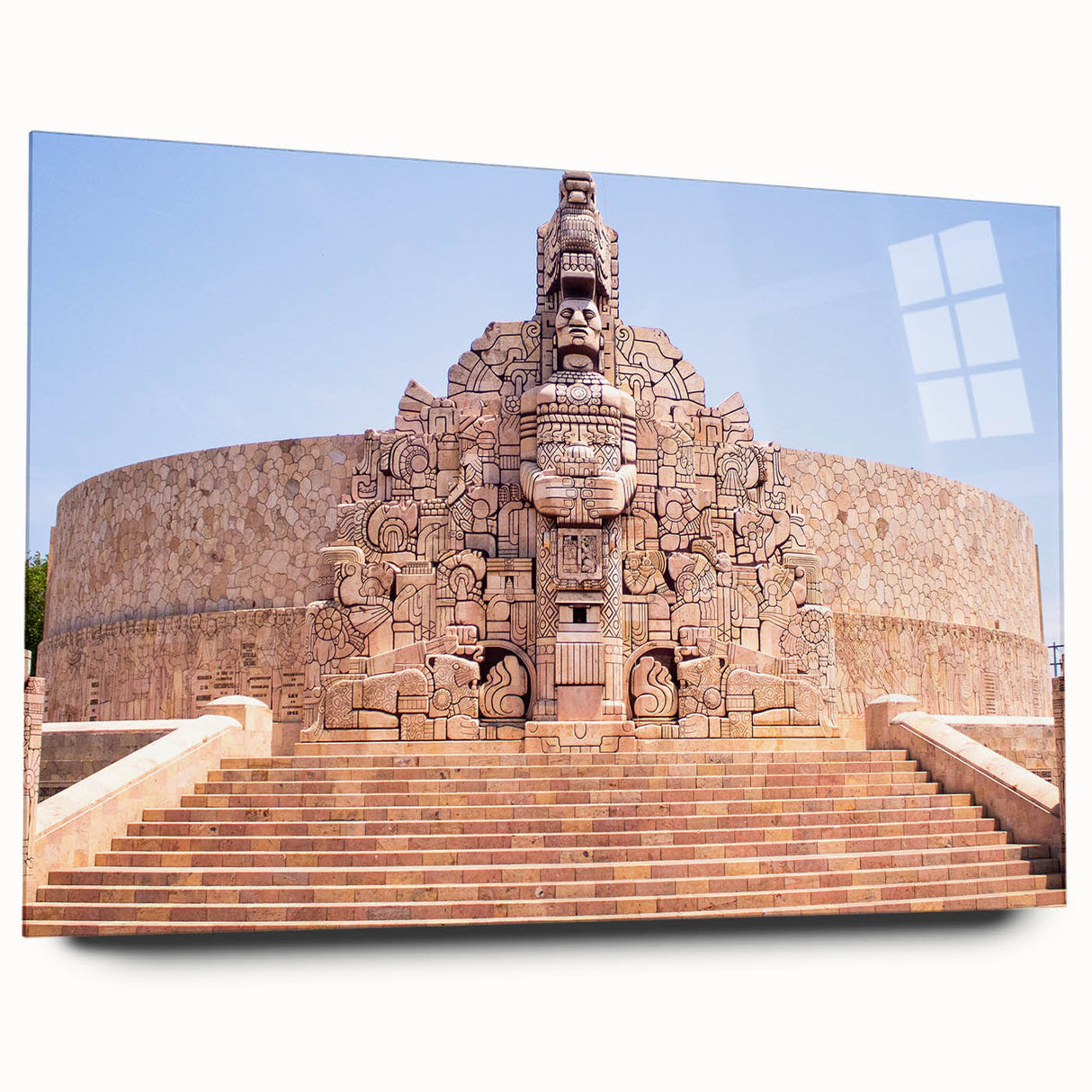Large abstract wall art depicting a Yucatan scenery in vibrant greens and blues on acrylic glass.