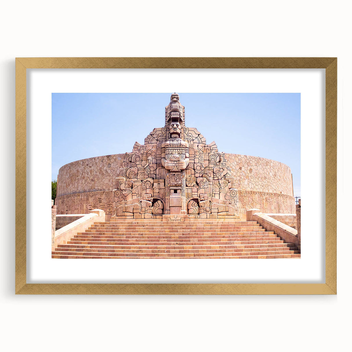 Extra large abstract art print depicting a textured Mexican Yucatan scenery in vibrant earth tones, framed in gold.
