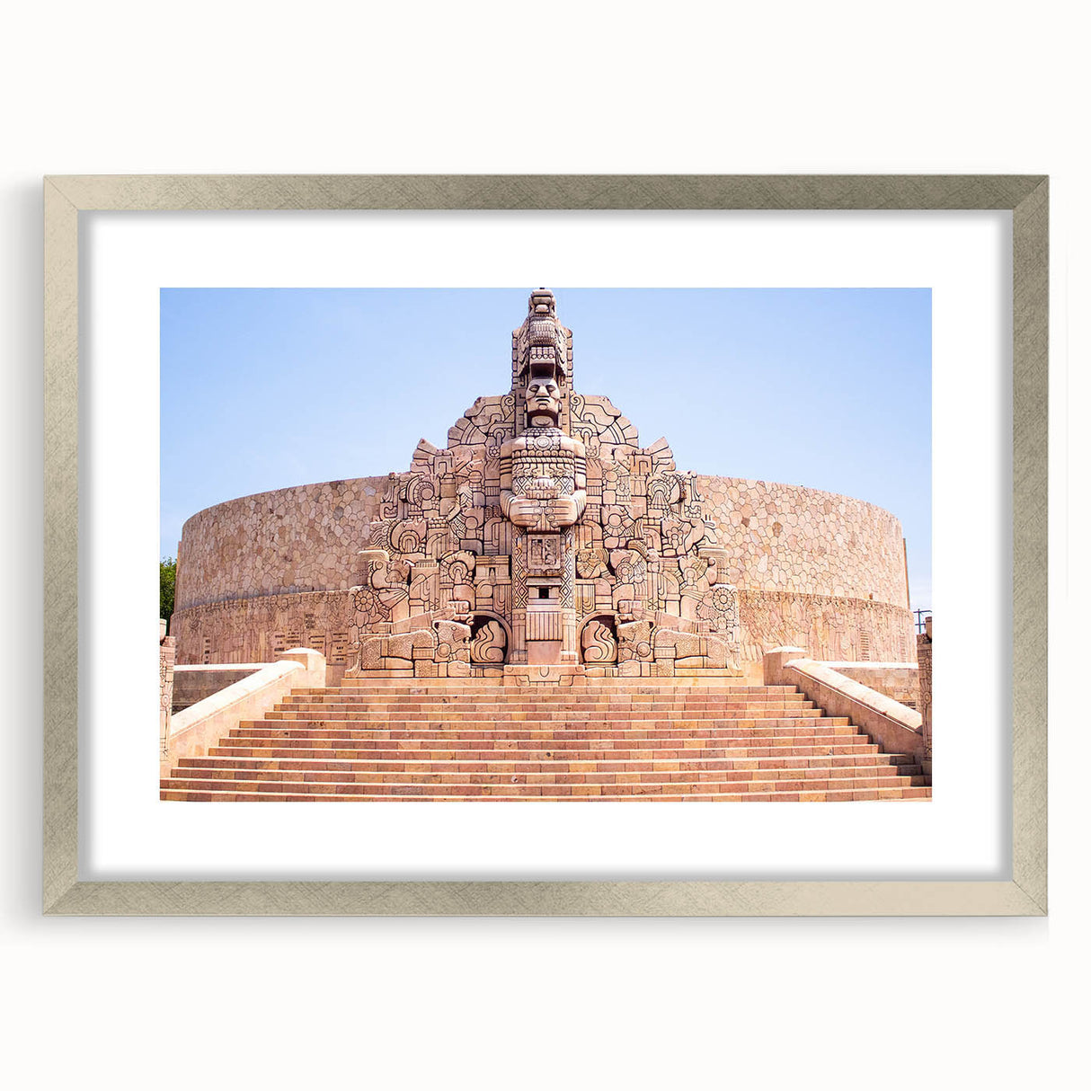 Textured abstract art print of Yucatan scenery in silver frame, using earth tones, ideal for bedroom art.