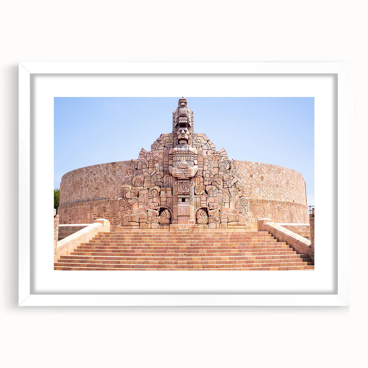 Abstract art print of Yucatan scenery in muted earth tones on a white-framed canvas.