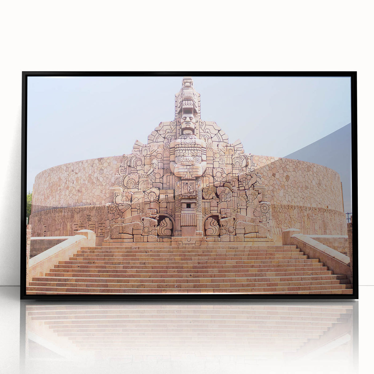 Large abstract wall art depicting Yucatan scenery in mid-century modernist style, framed in black acrylic.