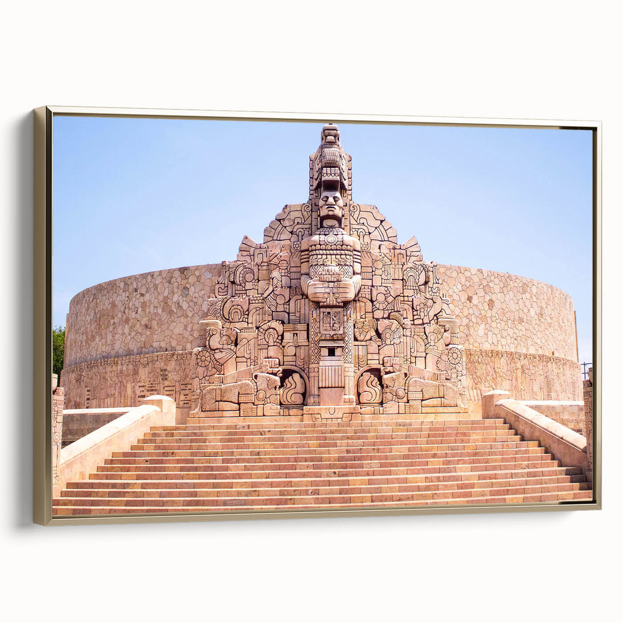 Framed canvas featuring a vintage-style landscape of Yucatán, Mexico, with muted earth tones, ideal for bedroom wall art.