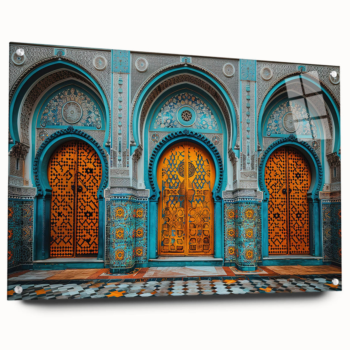 Acrylic print of a large abstract depiction of Middle Eastern scenery in earthy tones.