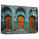 Acrylic print of a large abstract depiction of Middle Eastern scenery in earthy tones.