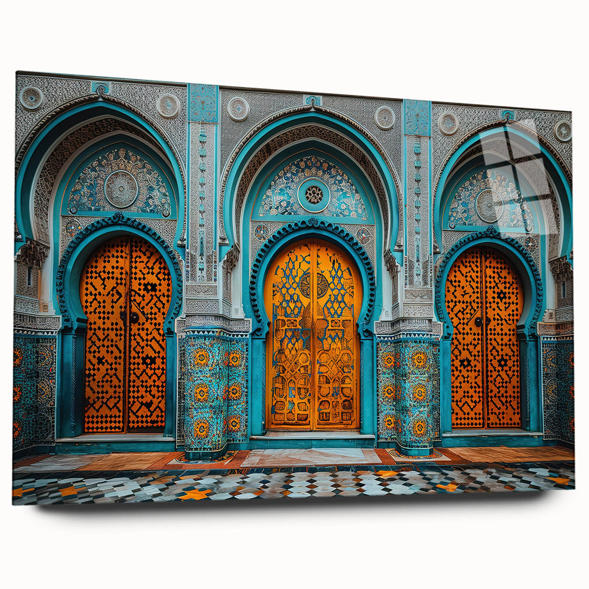 Large abstract wall art depicting a Middle Eastern scenery in muted earth tones on acrylic glass.