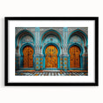 Abstract art print of a Middle Eastern landscape in vibrant colors on a large, textured canvas, ideal for living room decor.
