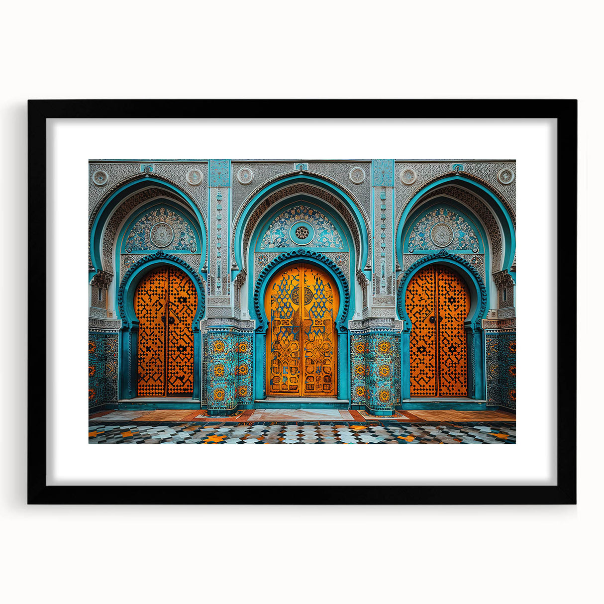 Abstract art print of a Middle Eastern landscape in vibrant colors on a large, textured canvas, ideal for living room decor.