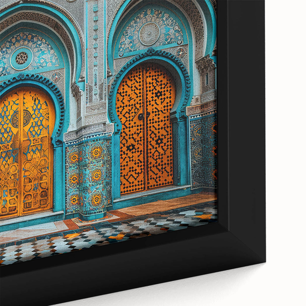 Extra large black wall art featuring a colorful, textured depiction of a Middle Eastern scenery on framed canvas.