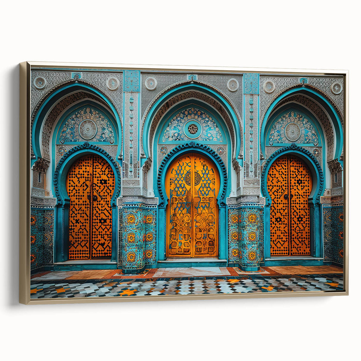 Framed canvas featuring a vintage-style landscape painting of a Middle Eastern scenery in gold and black tones.