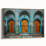 Framed canvas featuring a vintage-style landscape painting of a Middle Eastern scenery in gold and black tones.