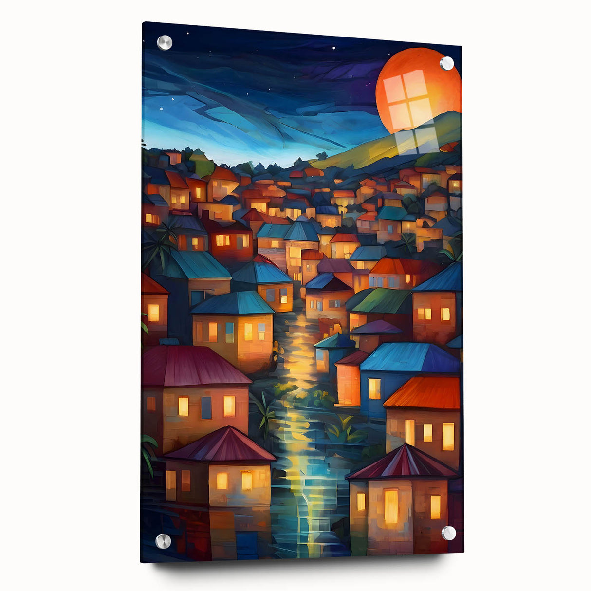 Large abstract wall art of a Fiji scenery on acrylic glass, using vibrant blue and green tones.
