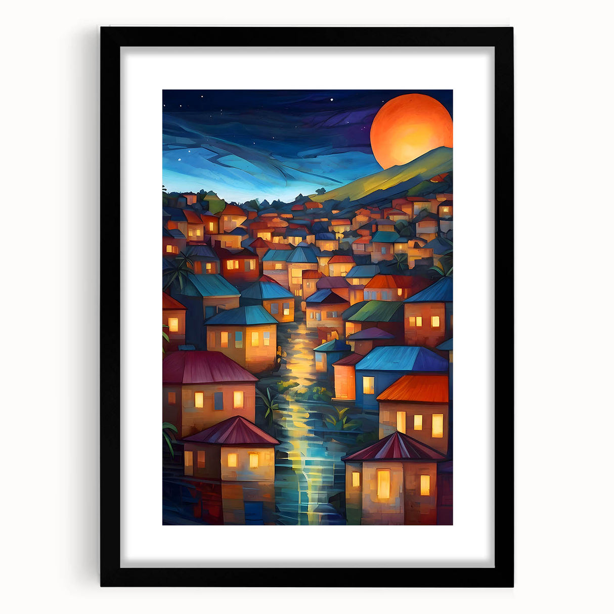 Colorful abstract art print of Oceania scenery in Fiji, in a black frame with mat, ideal for living room decor.