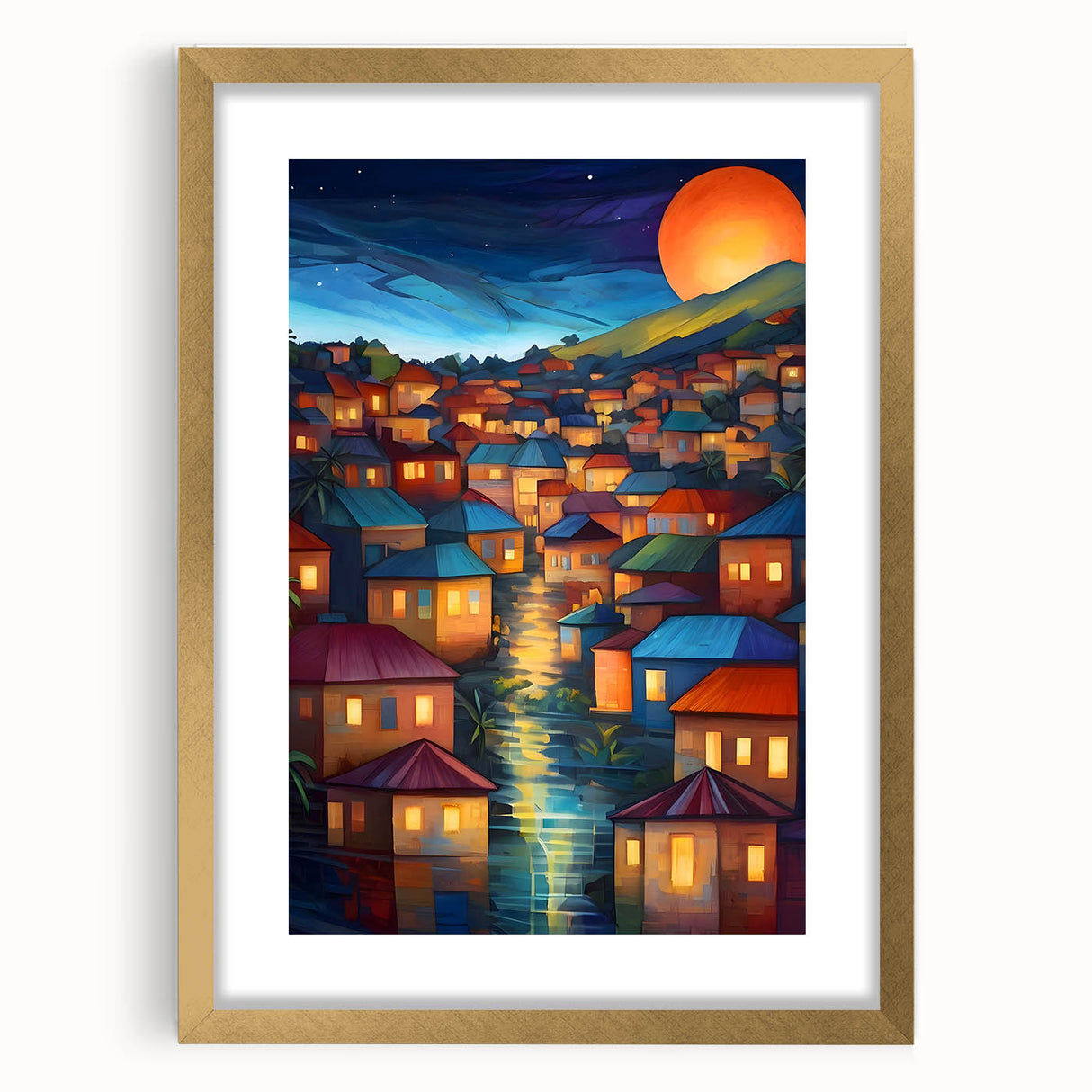 Abstract art print of oceanic scenery in textured blues and greens on a large canvas, framed in gold.