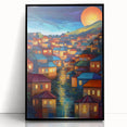 Large abstract wall art depicting a serene Oceania Fiji scenery in muted blue and green tones on a framed acrylic.