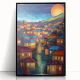 Large abstract wall art depicting a serene Oceania Fiji scenery in muted blue and green tones on a framed acrylic.
