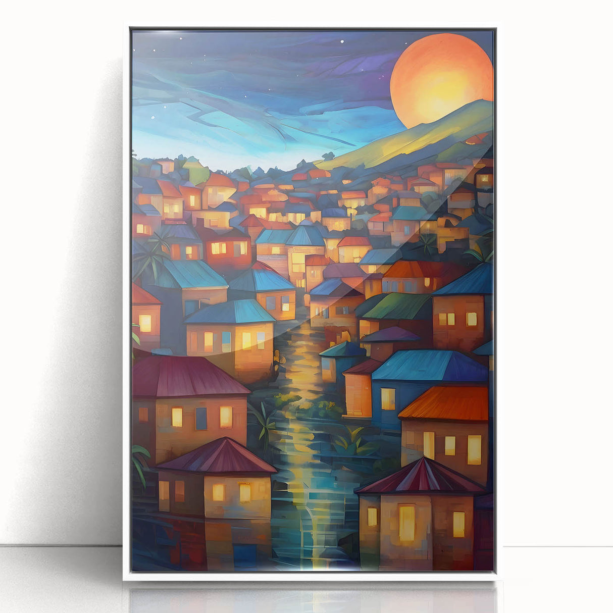 Art deco poster featuring a serene Fiji ocean landscape in pastel shades on a white framed acrylic.