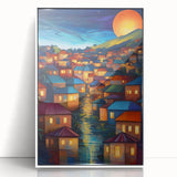 Art deco poster featuring a serene Fiji ocean landscape in pastel shades on a white framed acrylic.