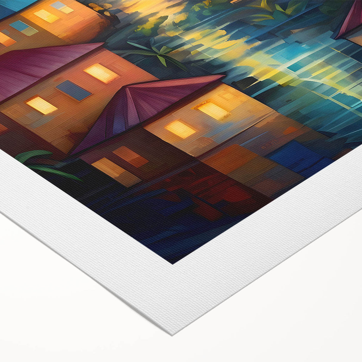 Art deco poster of a scenic Fiji coastline in muted blue and green tones on rolled canvas, suitable for dining room decor.