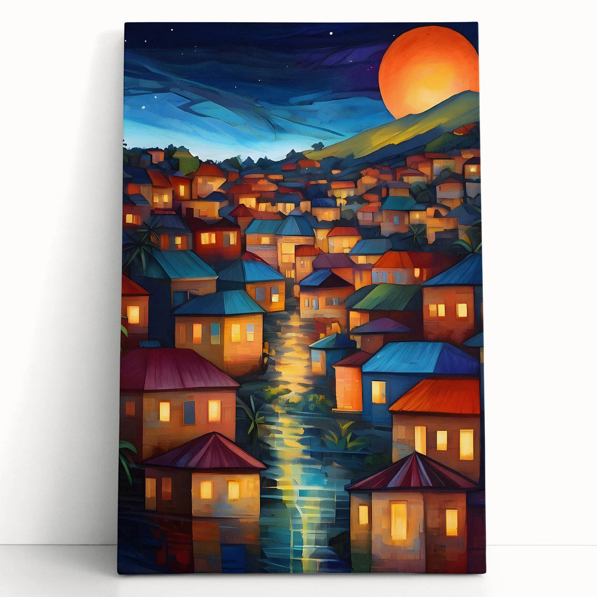 Vintage poster art of a scenic ocean view in pastel blue and pink hues on an extra-large stretched canvas.
