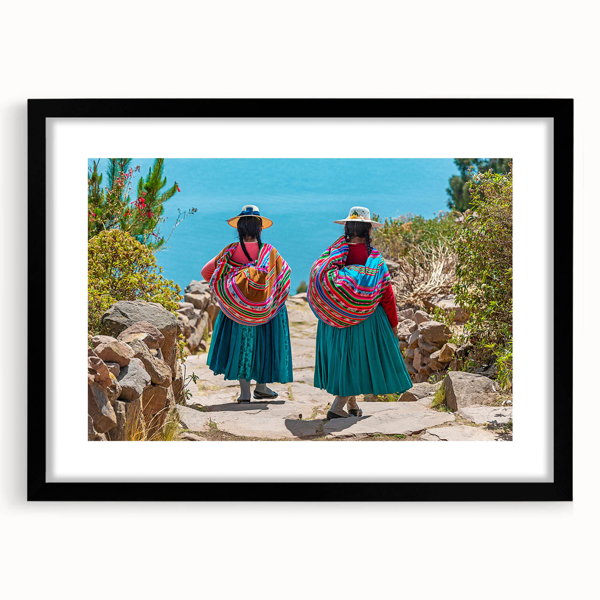 Extra large abstract art print of a colorful Bolivian landscape, textured on a black framed canvas.