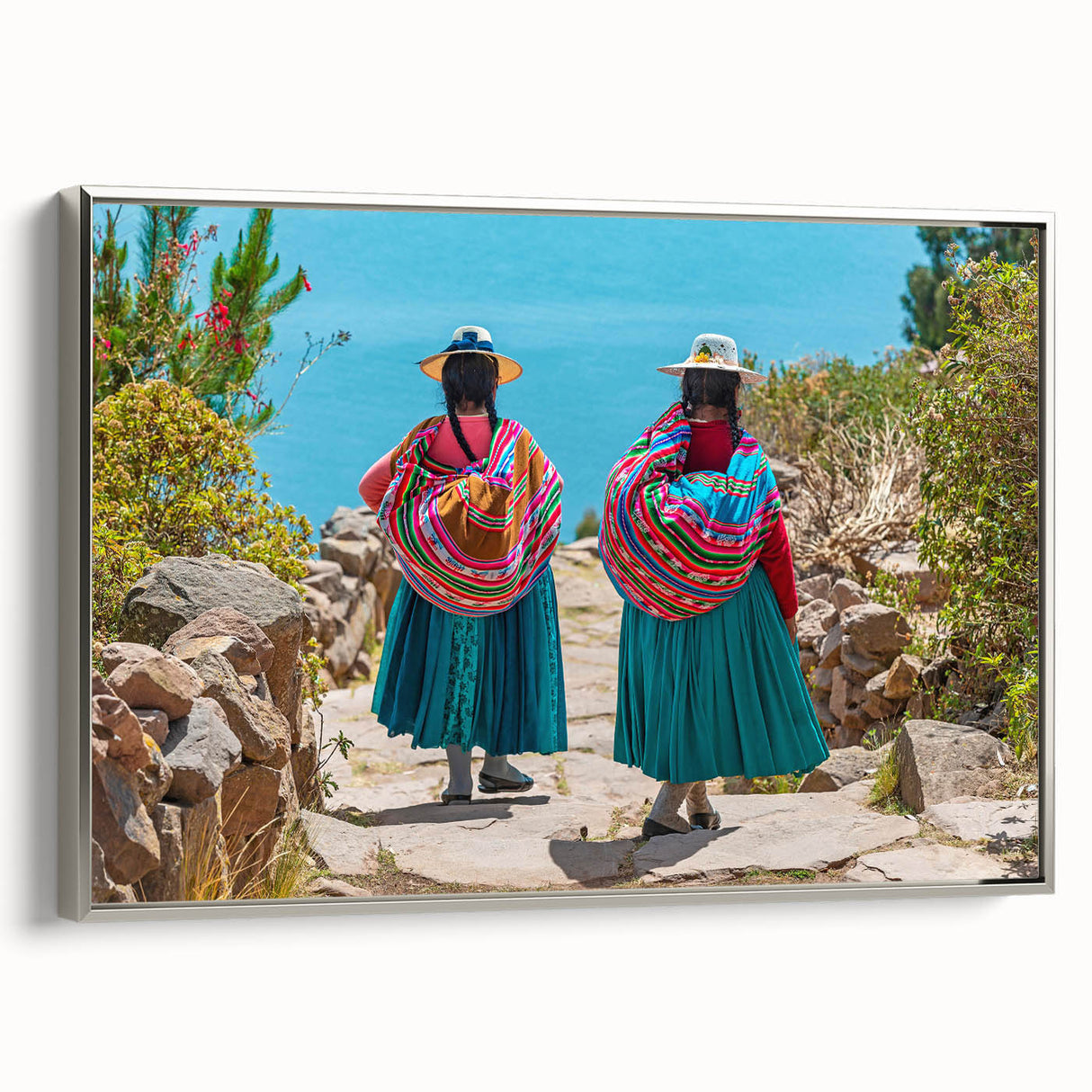 Landscape art painting of a Bolivian scenery on framed canvas, featuring colorful art with dominant black tones.